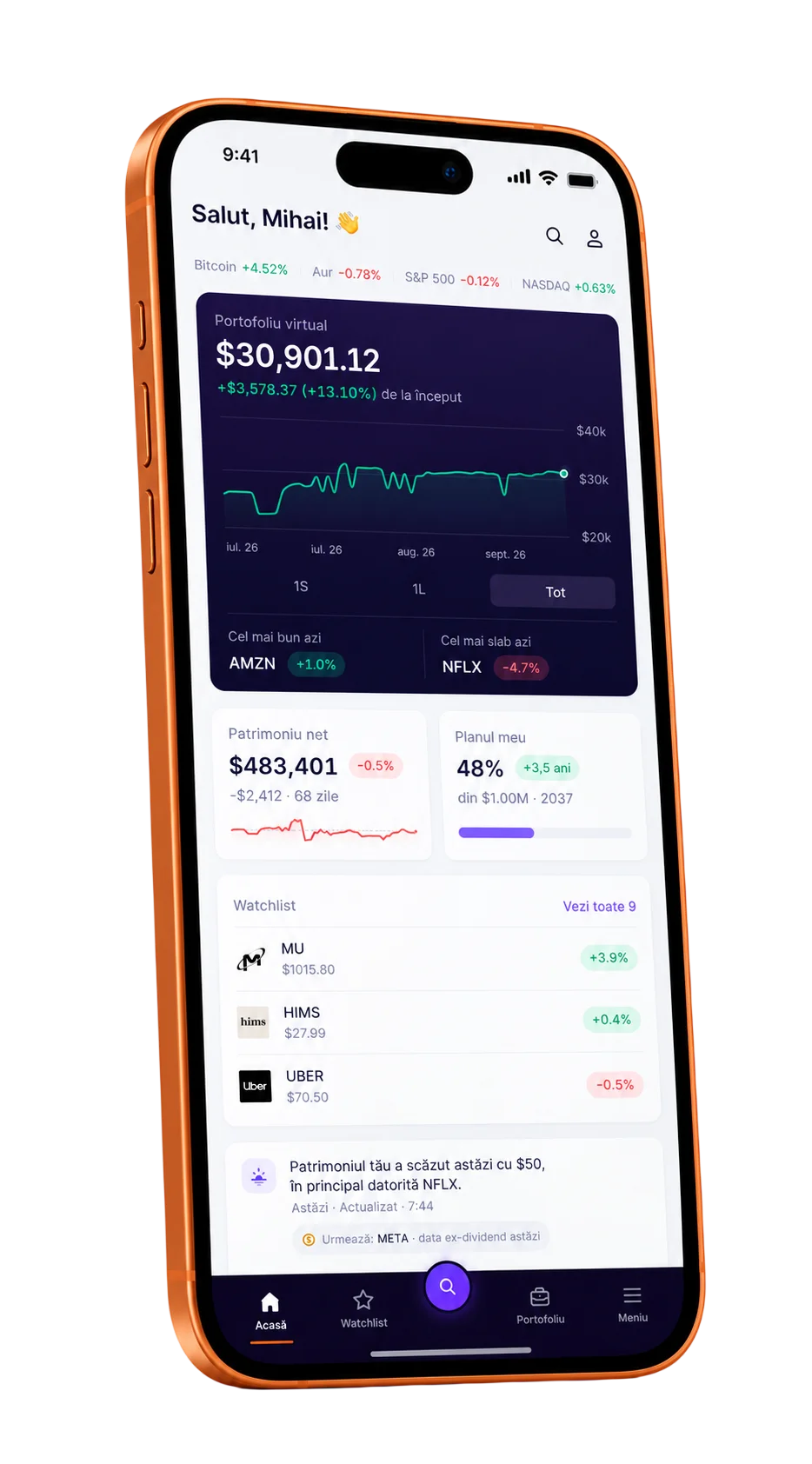 Мобильный интерфейс Orizont с портфелем, капиталом и финансовым планом